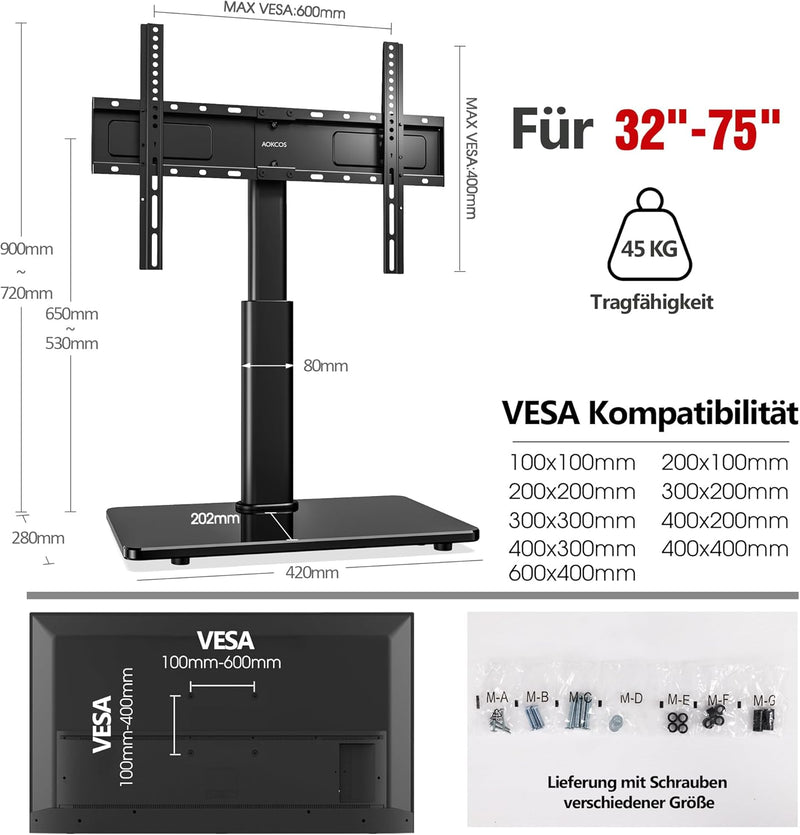 AOKCOS TV Standfuss TV Ständer Höhe 900mm für 32-55 65 75 Zoll Fernseher, Neigbar Schwenkbar Höhenve