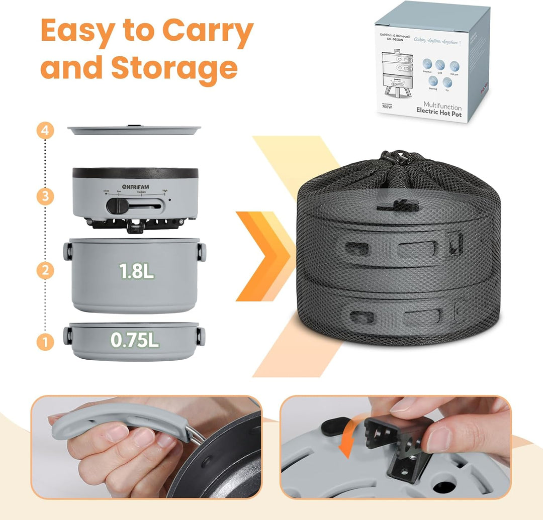 ENFRIFAM Elektrischer Hot Pot Topf, Tragbar Kochtopf Set mit töpfe und Bratpfanne mit Klappgriff für