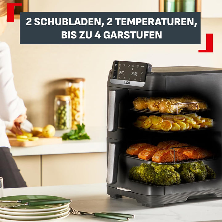 Tefal Easy Fry Crispy Stack Doppelkammer-Heissluftfritteuse, 6 Programme + manueller Modus, bis zu 4