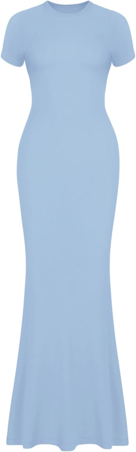 REORIA Damen Sommer Casual Lounge Langes Kleid Elegant Kurzarm Rundhalsausschnitt Figurbetontes Maxi