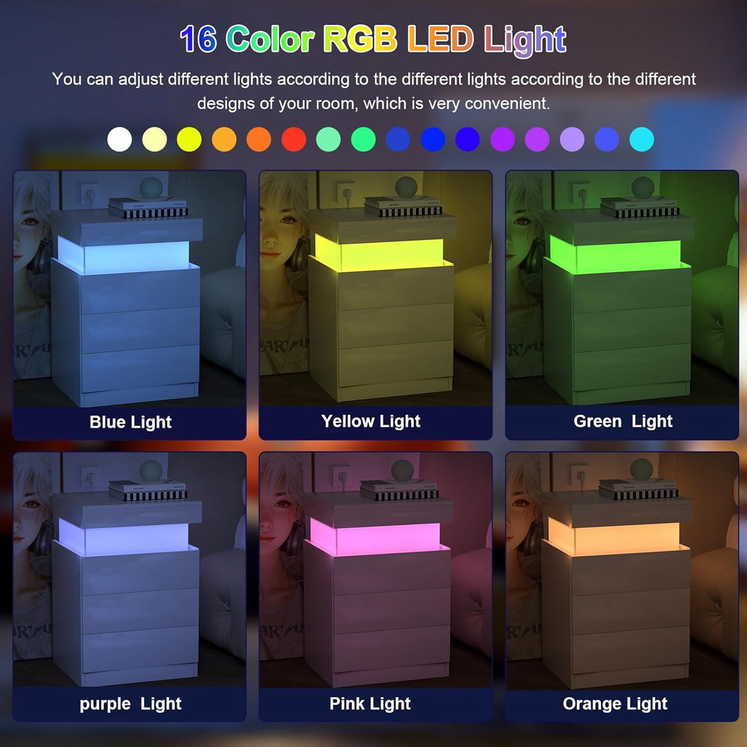 2er Set Nachttisch LED mit Steckdose, Nachtschrank mit Led Licht, Nachtkommode mit 3 Schubladen und