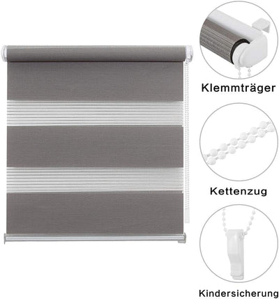 Eurohome Doppelrollo Klemmfix ohne Bohren, Duo Rollo,90cm x 220cm (Stoffbreite 86 cm) Grau Transpare