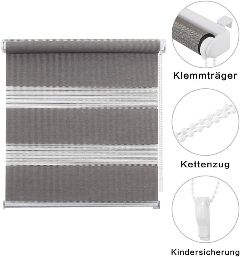 Eurohome Doppelrollo Klemmfix ohne Bohren, Duo Rollo,90cm x 220cm (Stoffbreite 86 cm) Grau Transpare