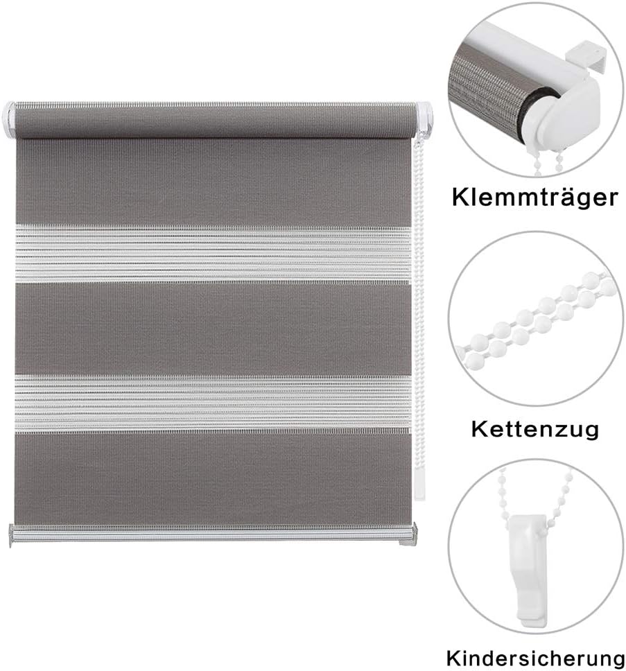 Eurohome Doppelrollo Klemmfix ohne Bohren, Duo Rollo,120cm x 150cm (Stoffbreite 116 cm) Grau Transpa