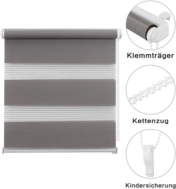 Eurohome Doppelrollo Klemmfix ohne Bohren, Duo Rollo,120cm x 150cm (Stoffbreite 116 cm) Grau Transpa