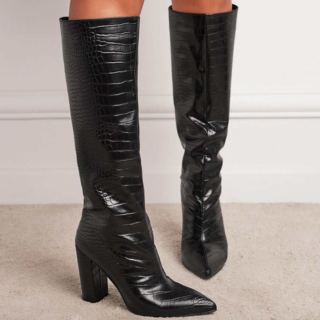 Damen Stiefeletten mit Absatz Elegant Spitz Kniehohe Stiefel für Damen, breite Wade, quadratische Ze
