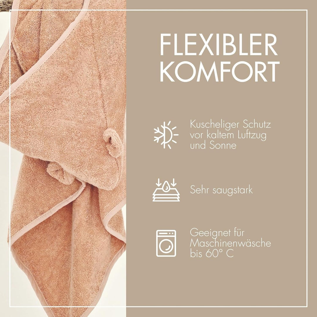 MOYO Kapuzenhandtuch mit Ohren in Puder I 75x75cm I Kleinkind &amp; Baby Badeponcho aus 100% Frottee-Bau