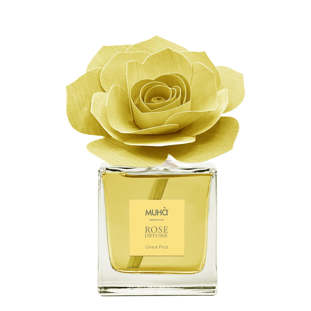 MUHA' | Raumduft Rosa Diffuser, Duft Trauben und Feige, Raumdiffusor mit Rose aus Birkenholz, Format