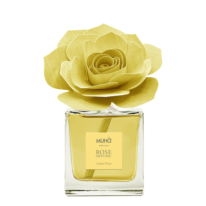MUHA' | Raumduft Rosa Diffuser, Duft Trauben und Feige, Raumdiffusor mit Rose aus Birkenholz, Format