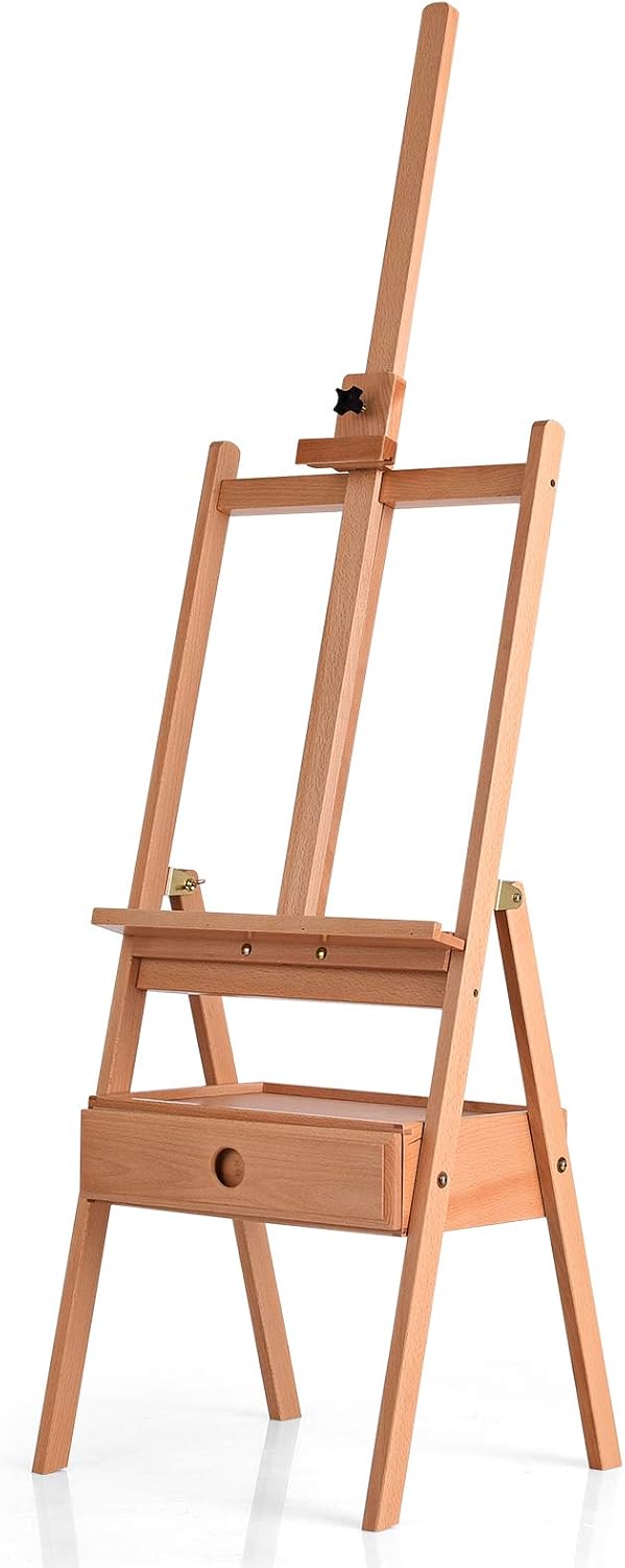 RELAX4LIFE Staffelei aus Buchenholz, Holzstaffelei mit Schublade und Tablett, Höhenverstellbare Präs