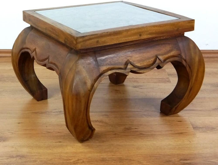 livasia Opiumtisch, Kaffeetisch, Couchtisch, Massivholztisch mit Schnitzerei u. Glasplatte (braun),