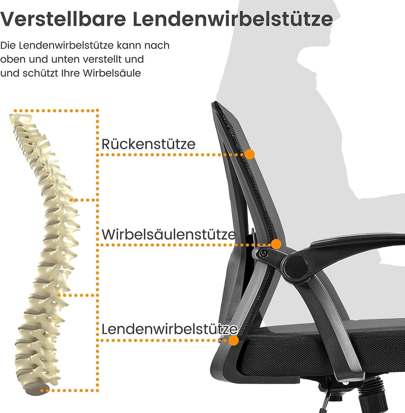 Yaheetech Bürostuhl ergonomisch, Schreibtischstuhl aus Mesh mit Hochklappbaren Armlehnen, Drehstuhl