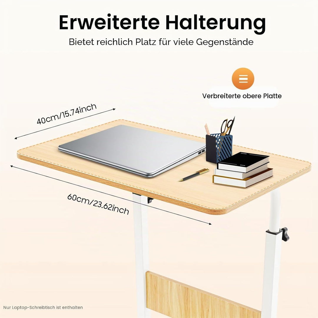 Höhenverstellbarer Schreibtisch 70–90cm, Mobiler Laptop Tisch mit Rollen &amp; Bremse, Rollbarer Beistel