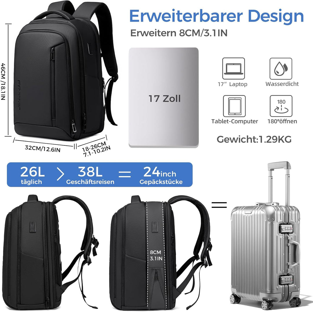 Business Rucksack Herren, USB-Anschluss – Arbeitsrucksack-Travelite Rucksack Erweiterbar 26L-38L für