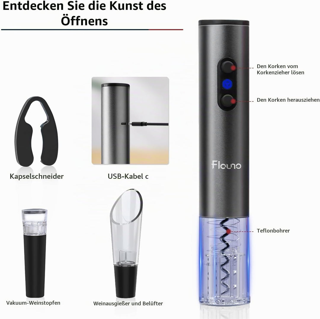 Flauno Elektrischer Korkenzieher, kabellos, professionell, automatischer Weinöffner mit Papierschnei