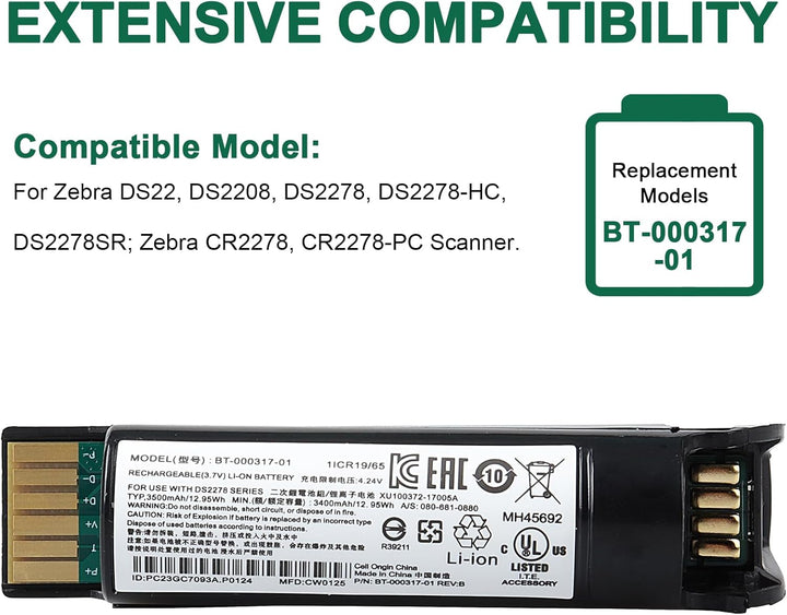 3400mAh Akku Kompatibel mit Zebra DS22, DS2208, DS2278, DS2278SR, CR2278, CR2278-PC Scanner, BT-0003