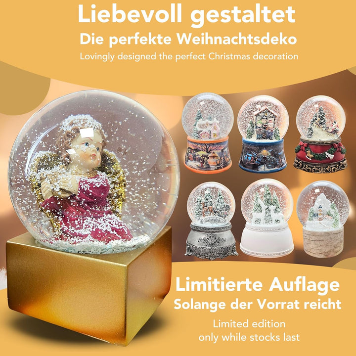 Weihnachts-Schneekugel Engel | Himmelsbote mit Harfe | Farbe rot Gold | 100mm breit, 120mm hoch | Be
