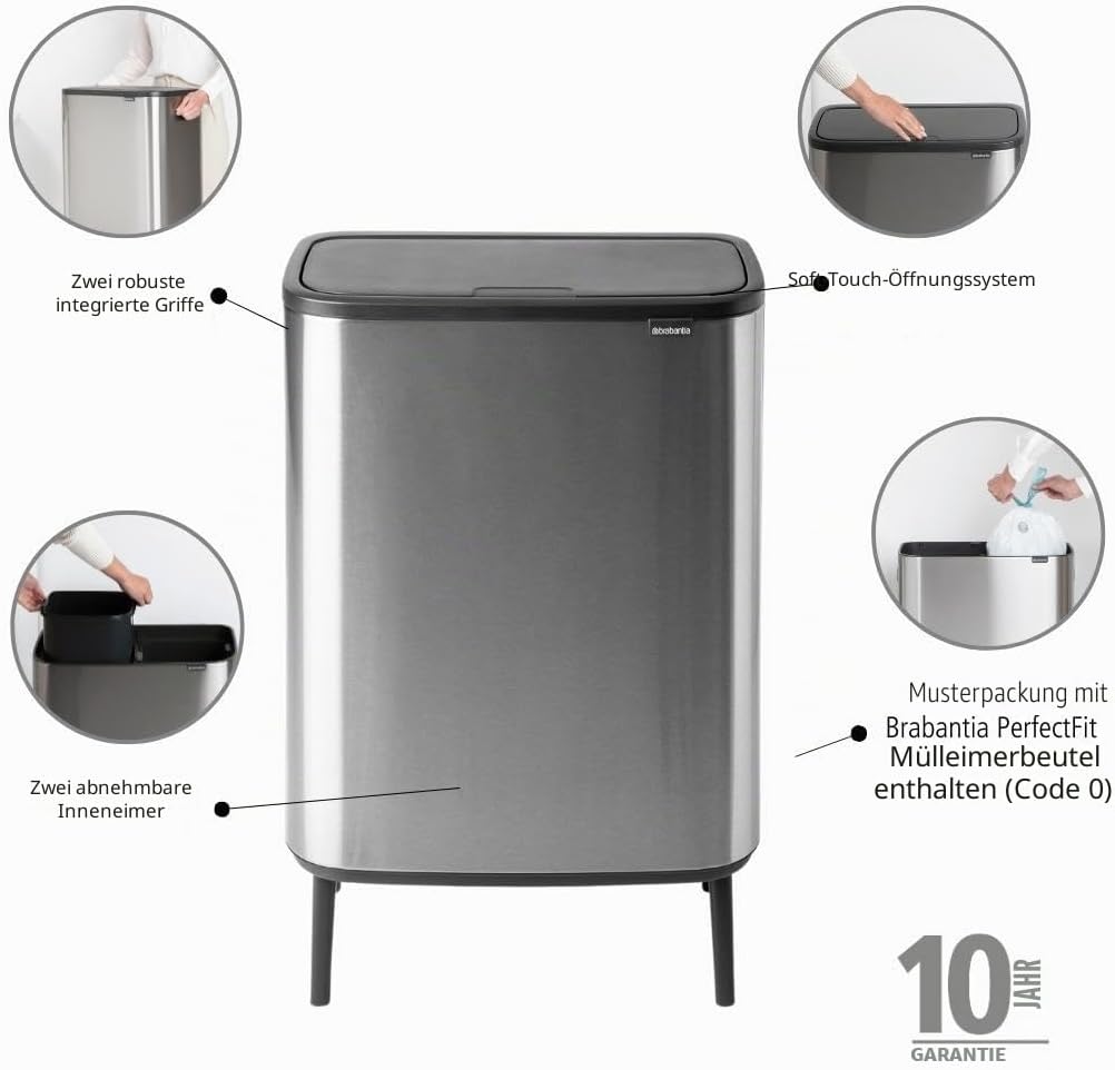 Brabantia Bo Touch Abfalleimer Hi Recycling 2 x 30L, Stahl matt gegen Fingerabdrücke