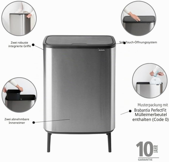 Brabantia Bo Touch Abfalleimer Hi Recycling 2 x 30L, Stahl matt gegen Fingerabdrücke