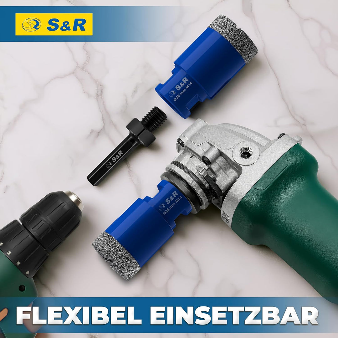 S&R Professional Diamant Fliesenbohrer 38 mm, Lochsäge für Fliesen M14 Gewinde, Diamant Bohrer Flies