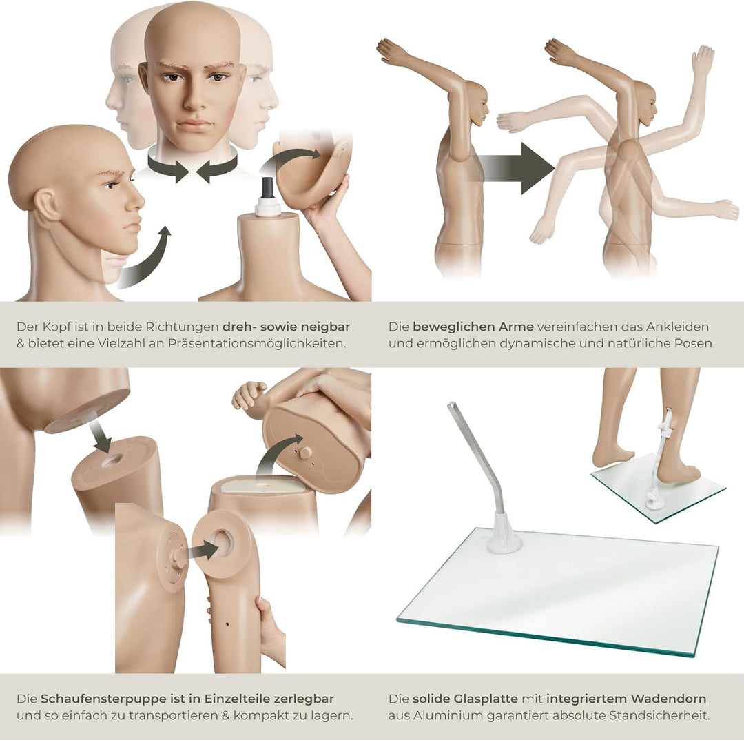 TecTake Schaufensterpuppe Zerlegbare Puppe | drehbar und beweglich | Glasplatte mit Wadendorn - Vers