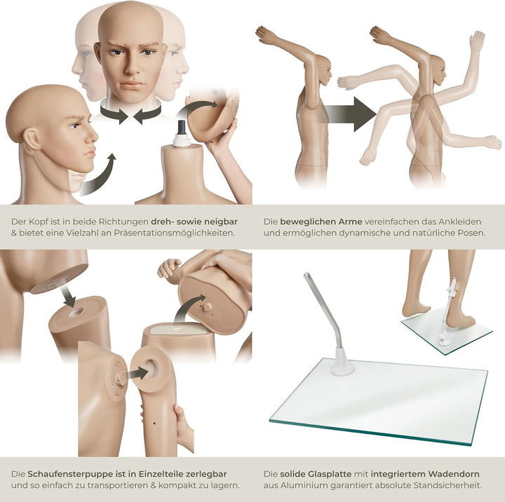 TecTake Schaufensterpuppe Zerlegbare Puppe | drehbar und beweglich | Glasplatte mit Wadendorn - Vers