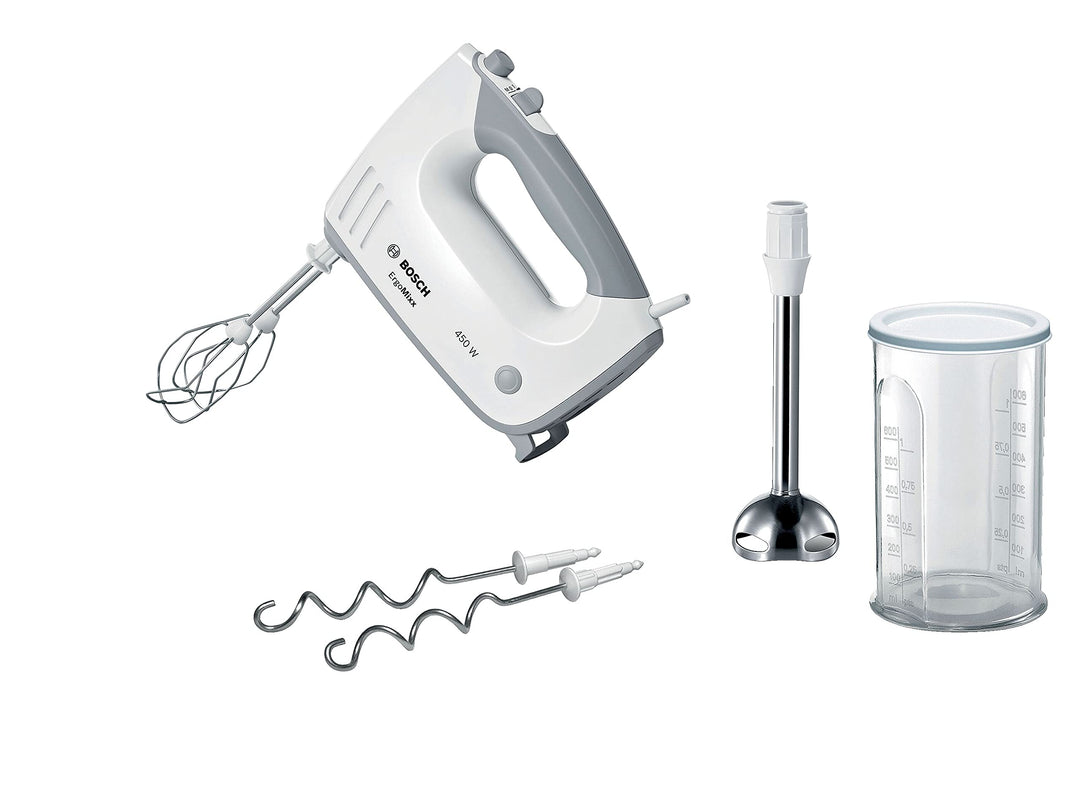 Bosch Handrührer ErgoMixx MFQ36470, 2 Rührbesen, 2 Edelstahl-Knethaken, Edelstahl-Mixfuss, Mixbecher