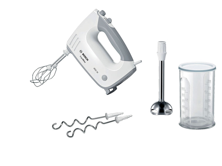 Bosch Handrührer ErgoMixx MFQ36470, 2 Rührbesen, 2 Edelstahl-Knethaken, Edelstahl-Mixfuss, Mixbecher