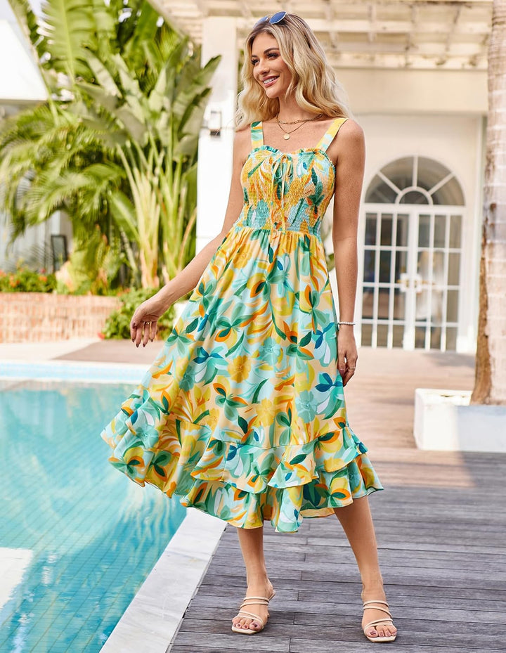 GRACE KARIN Damen langes Blumenkleid Ärmellos Spaghettiträger Freizeitkleid Böhmisch Maxikleid Stran