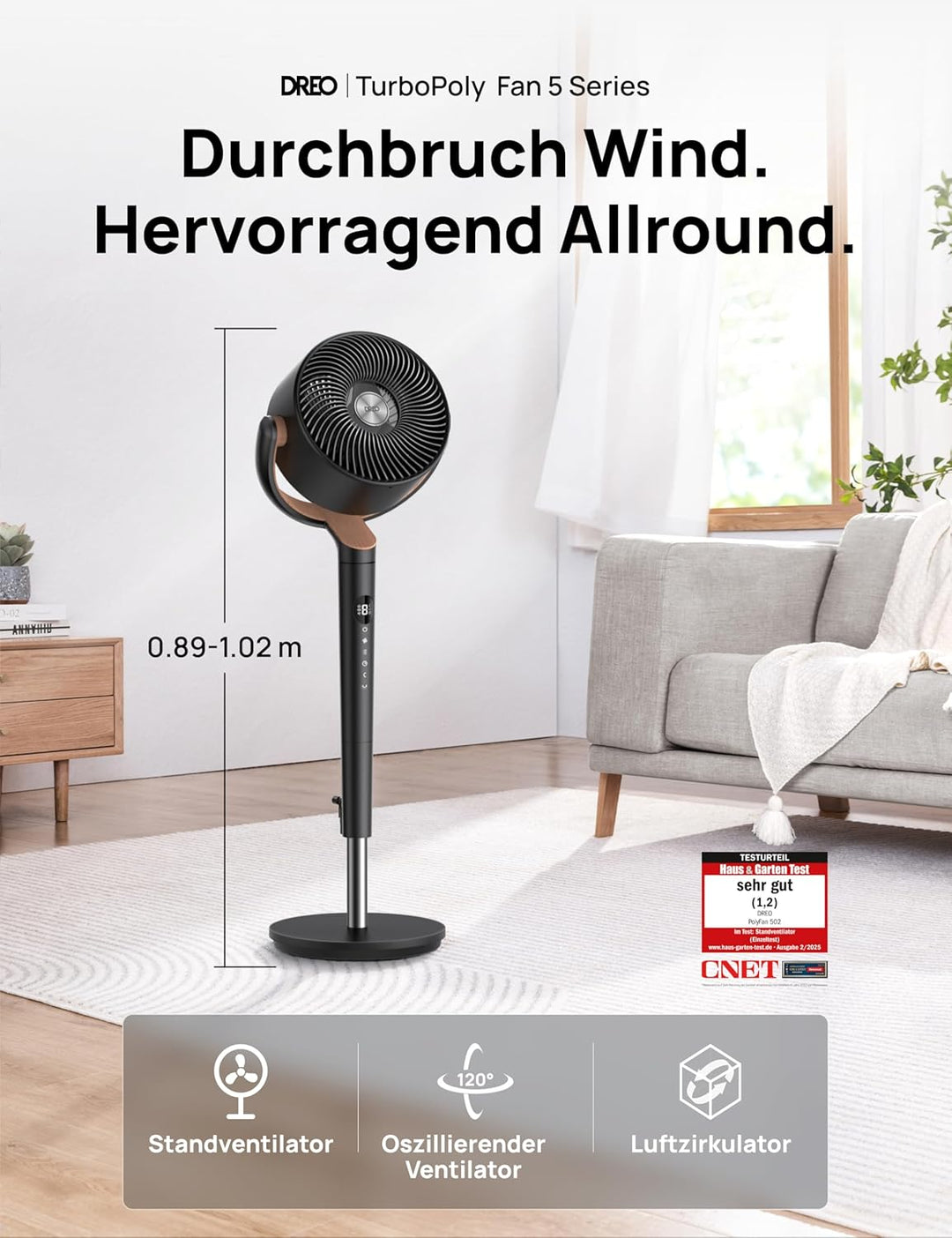 DREO 20dB leiser Standventilator, 120°+120° Omni-direktionale oszillierende Ventilator, 26M Windentf
