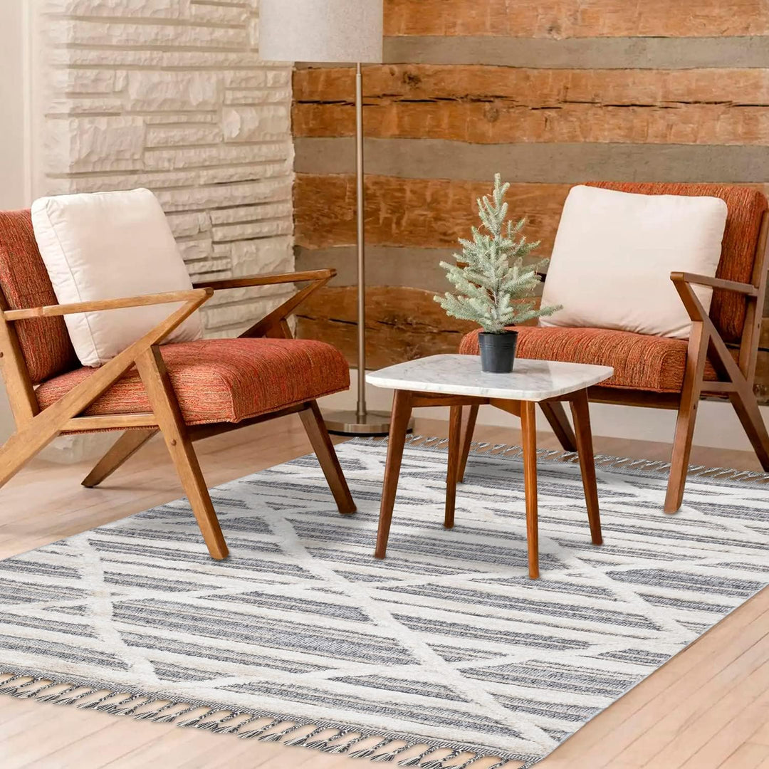 payé Teppich Wohnzimmer - 140x200cm - Creme Grau Blau - Raute Meliert - Hochtief Effekt - Fransen De