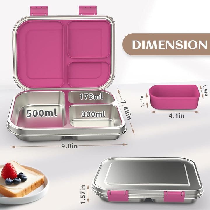 Edelstahl Brotdose Lunchbox Kinder, Metal Bento Lunch Box Auslaufsicher,3 Fächern mit Silikonbehälte