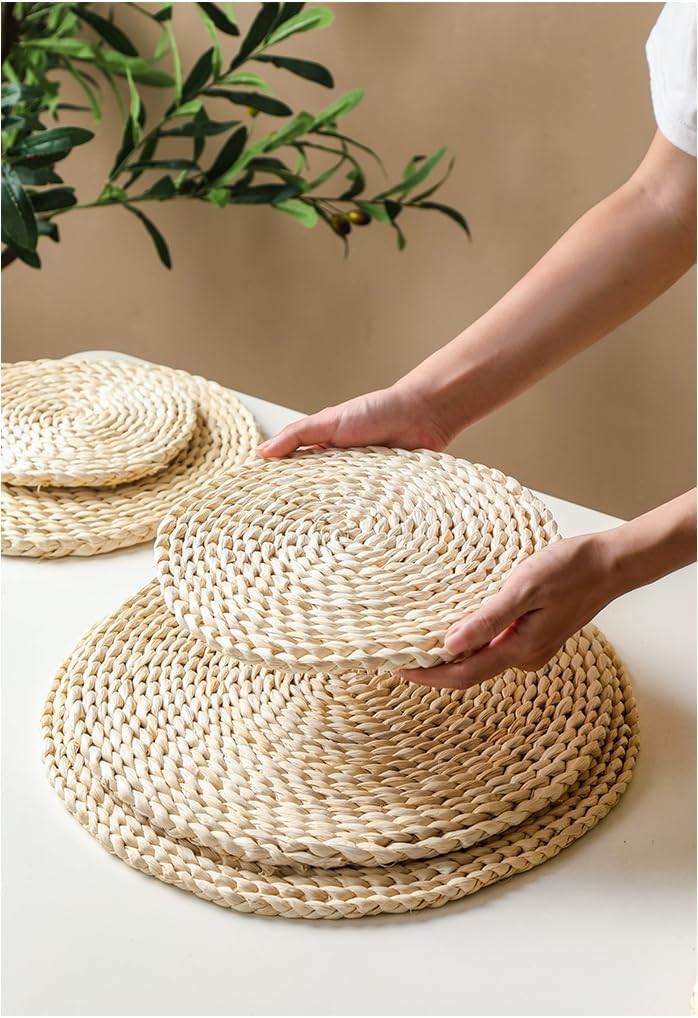 4er Set 35cm Durchmesser Handgefertigte, Hitzebeständige Maisschalen-Platzsets: Gewebte Rattan-Tisch
