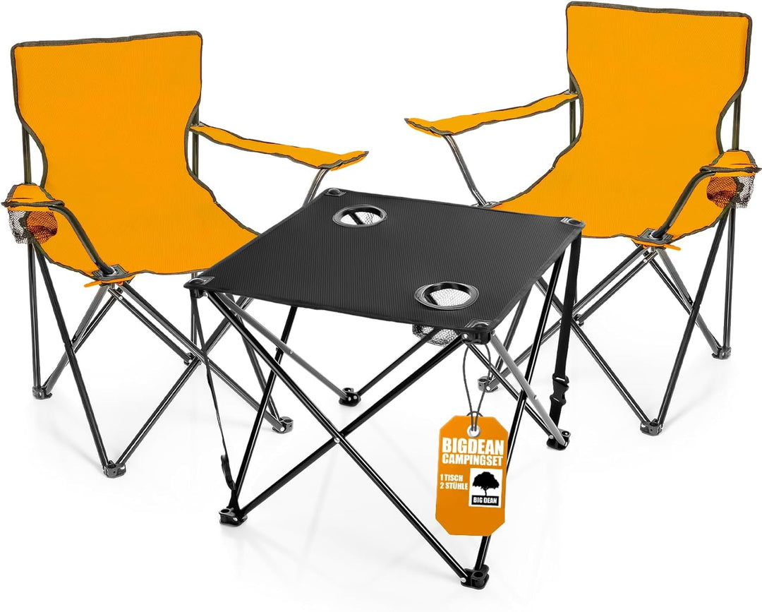 BigDean 2 Stück Campingstuhl mit Campingtisch faltbar – Faltstuhl in Neon Orange mit Getränkehalter