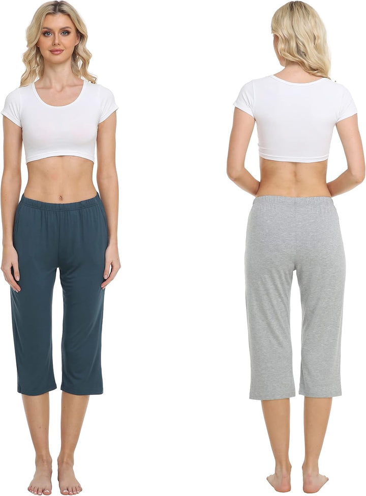 MoFiz Damen Schlafanzughose 3/4 Lang Schlafhose Modal Nachtwäsche Weich Pyjamahose Freizeithose mit