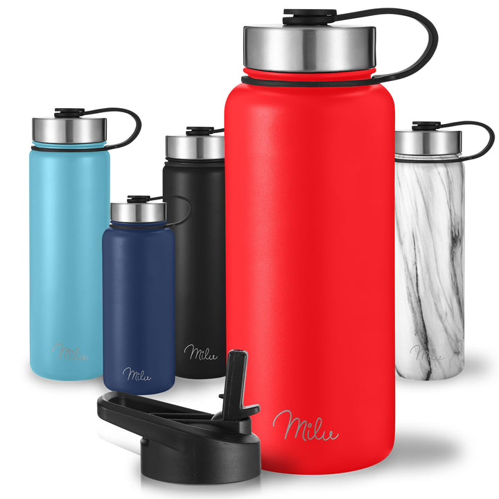 Milu Edelstahl Trinkflasche 500ml, 750ml, 1000ml (+3 Deckel) - Thermosflasche mit Strohhalm, Isolier