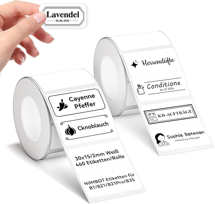 NIIMBOT Etiketten für B1 B21 B31 B3S Etikettendrucker, 30 * 15mm/2R 460 Etiketten pro Rolle, 2 Rolle