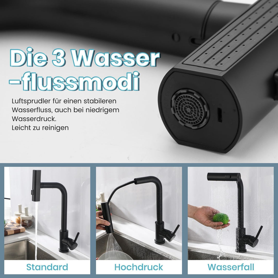 Niederdruck Armatur Küche Ausziehbar,Schwarz Edelstahl,Wasserhahn Küchenarmatur mit 3 Anschluessen f