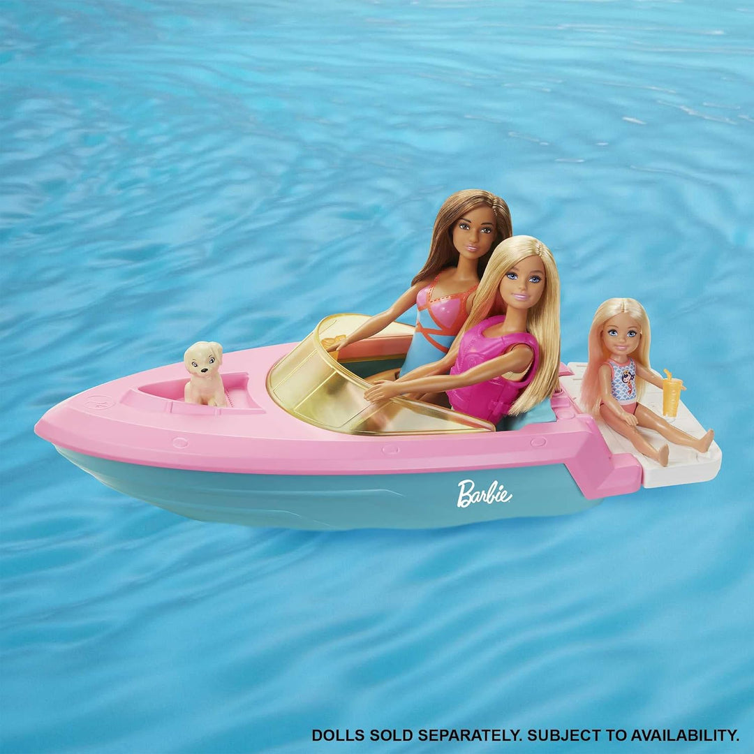 Barbie Speedboat, rosa Schwimmweste, rosa, blaues und weisses Barbie-Boot, Welpe, Barbie Accessoires