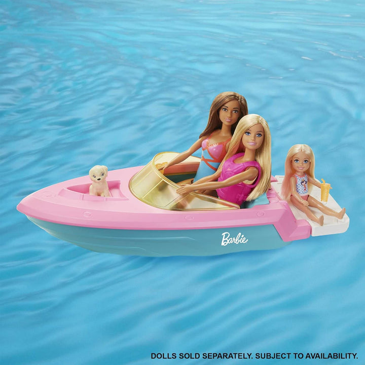 Barbie Speedboat, rosa Schwimmweste, rosa, blaues und weisses Barbie-Boot, Welpe, Barbie Accessoires