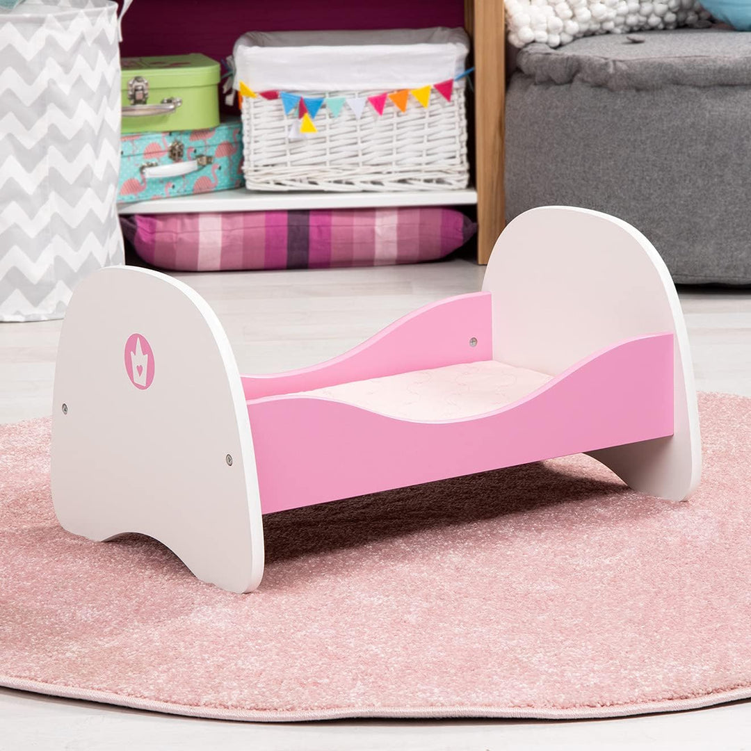 Bayer Design 54201AA Puppenbett aus Holz, mit Bettwäsche, Kissen und Bettdecke, rosa, Klein, 50 x 33