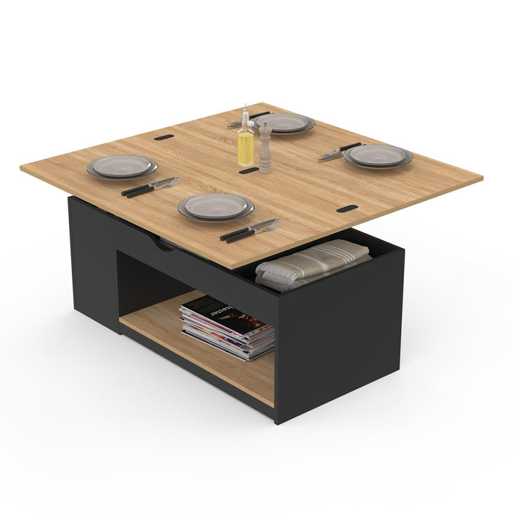 IDMarket - Rechteckiger, aufklappbarer Couchtisch, umwandelbar in einen Esstisch ELEA schwarzes Holz