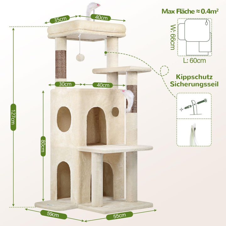Globlazer Kratzbaum Beige Stabil mit Grosse Basis Katzenhaus Gepolsterte Plattform Plüsch Katzenspie