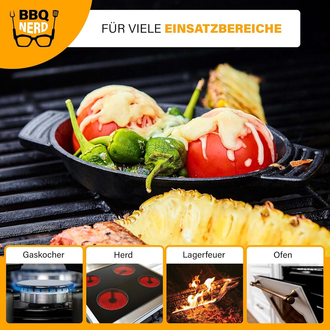 BBQ-Nerd Servierpfännchen aus Gusseisen im 6er Set - Grillpfännchen - oval 22,5x13 cm - zum Braten Ü