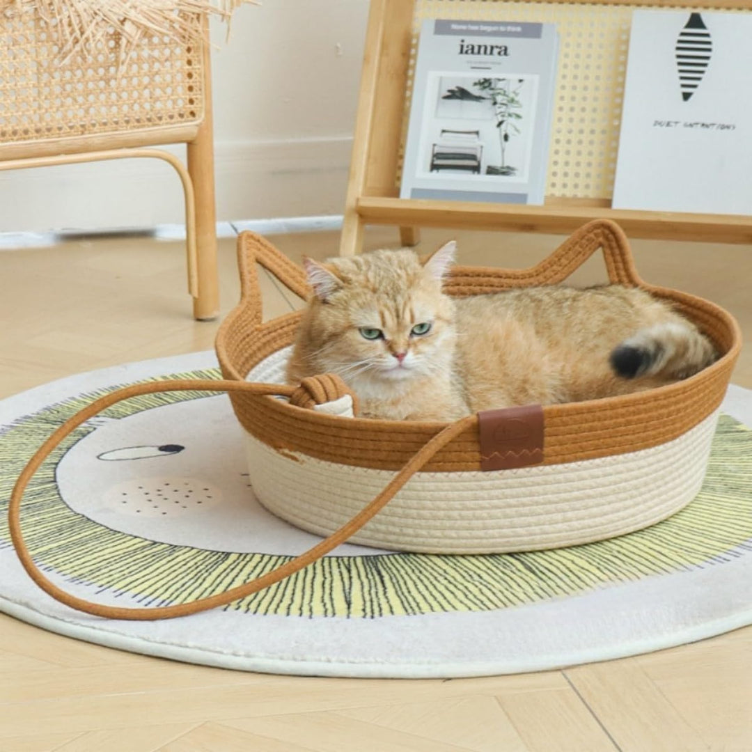 Katzenbett aus Baumwollseil, gewebtes Katzenbett mit Kratzball, Spielzeug, Schlafnest, Kratzmatte fü