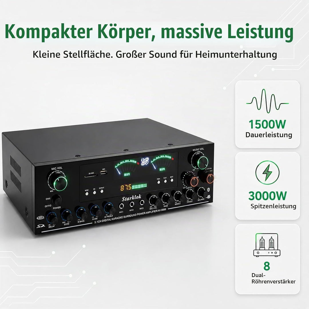 5.1-Channel HiFi Stereo Verstärker, 3000W Spitzenleistung Subwoofer Heimkino Verstärker mit Bluetoot
