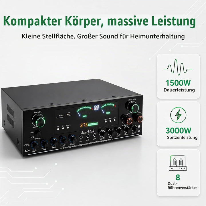 5.1-Channel HiFi Stereo Verstärker, 3000W Spitzenleistung Subwoofer Heimkino Verstärker mit Bluetoot