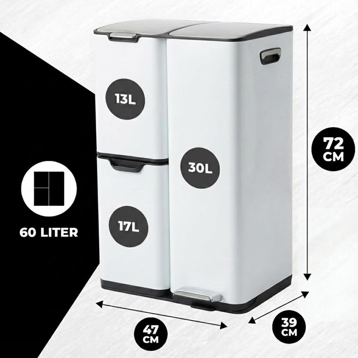 Bayt Mülleimer 3 Fächer - Abfalleimer - Edelstahl-Abfallbehälter - Treteimer für Mülltrennung - Müll