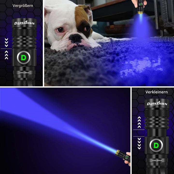 DARKDAWN UV Taschenlampe 365nm Licht USB Wiederaufladbare, Ultraviolett-LED-Schwarzlicht Woodsche La