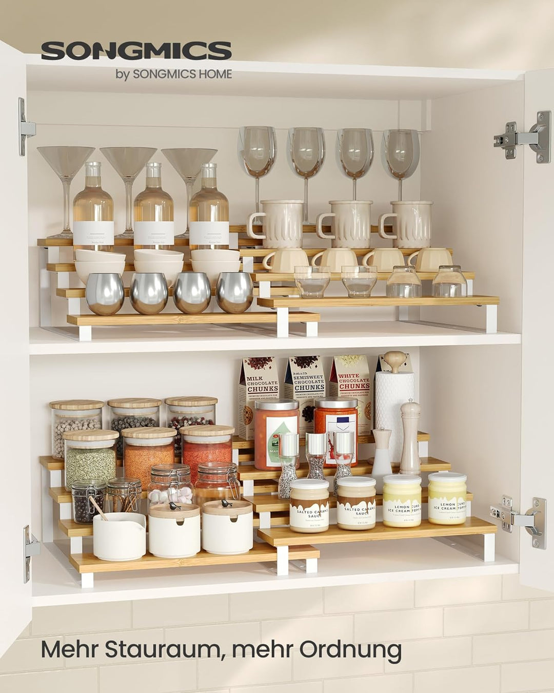 SONGMICS Gewürzregale, Küchenregale stehend, Küchen-Organizer, 2er Set, Holzwerkstoff, je 4 Ablagen,